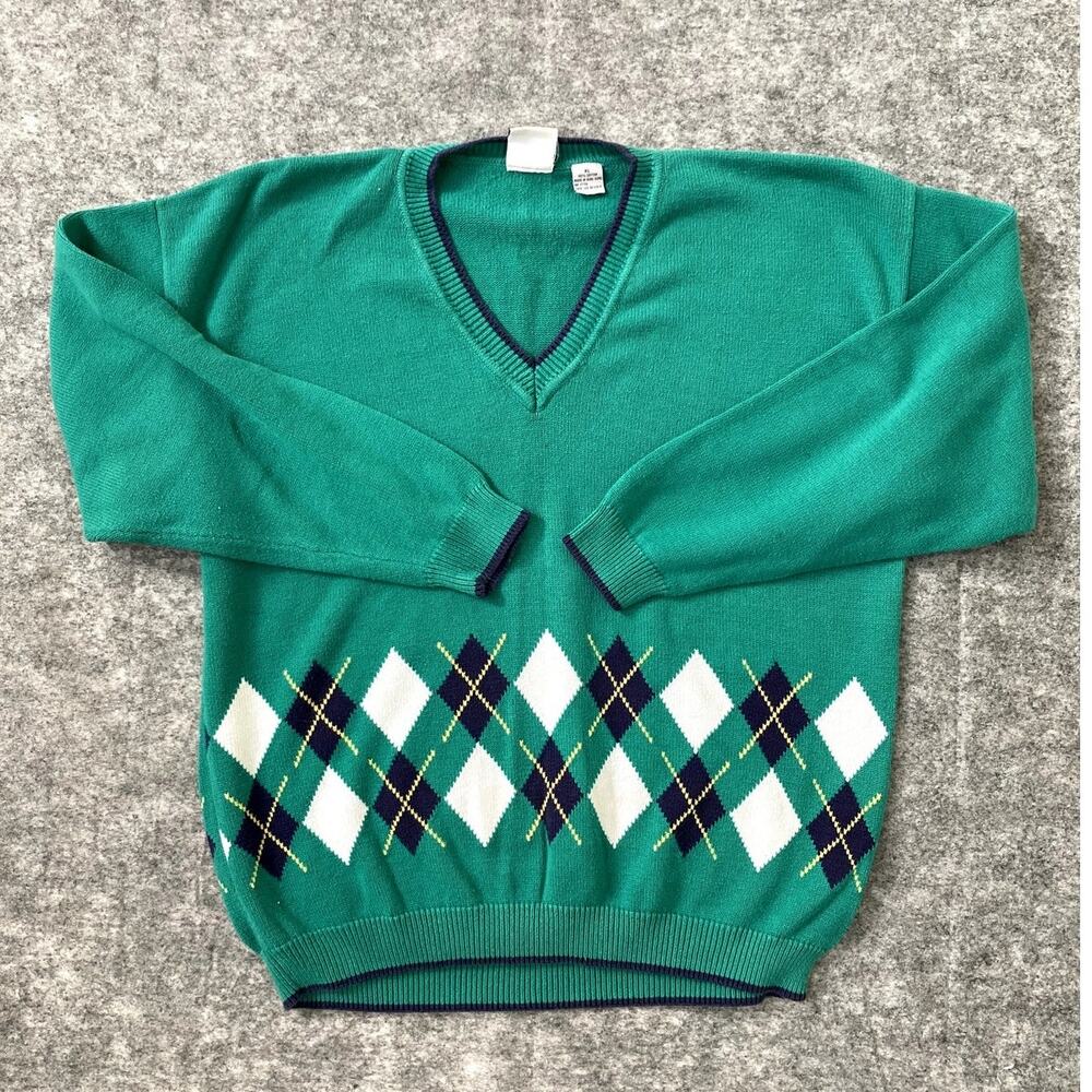 Vintage Y2K 90s Field Gear mens XL green argyle v-neck sweater preppy retro